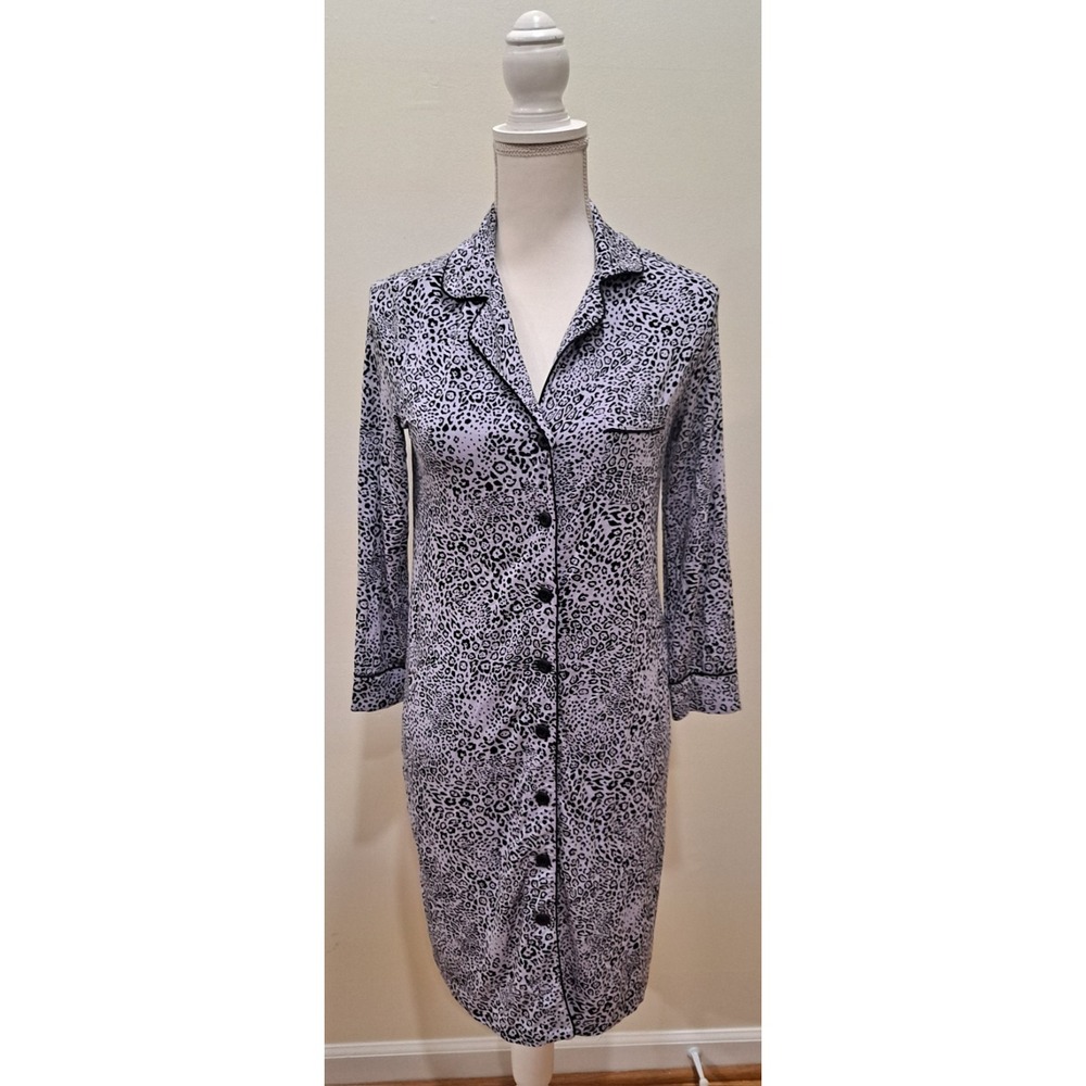 XS Soma Black And Lavender Animal‎ Print Button Up Long Sleeve Nightshirt